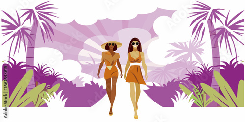 Fashionable women in orange attire stroll through a stylized tropical setting
