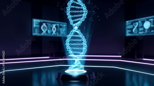Holographic representation of a DNA double helix within a futuristic laboratory setting.
