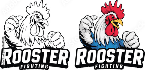 Rooster fighting mascot logo, aggressive chicken character vector, sports team illustration, martial arts bird clipart, bold farm animal design