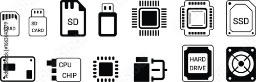 Tech hardware icon set, SD card vector, CPU chip illustration, SSD and hard drive symbols, USB device clipart, electronics component graphics