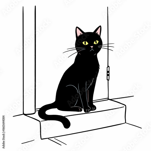 Black cat sitting on doorstep illustration