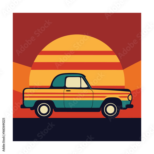 Retro Pickup Truck Driving Towards a Sunset vehicle