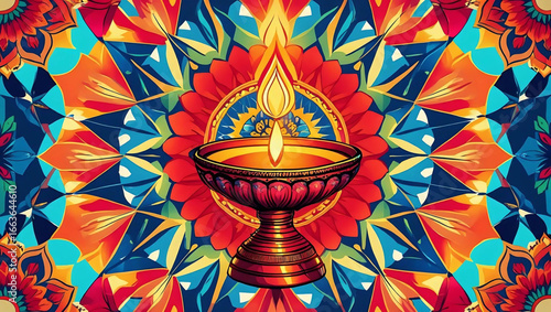 Burning Flame of Enlightenment: A symbolic oil lamp, radiating a warm, inviting glow, rests in the heart of a kaleidoscope of rich, vibrant colors, symbolizing hope, spirituality, and illumination.
