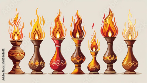 Illuminated Artistry: A collection of artistically designed lamps, each topped with a vibrant flame, evokes warmth and artistic expression.