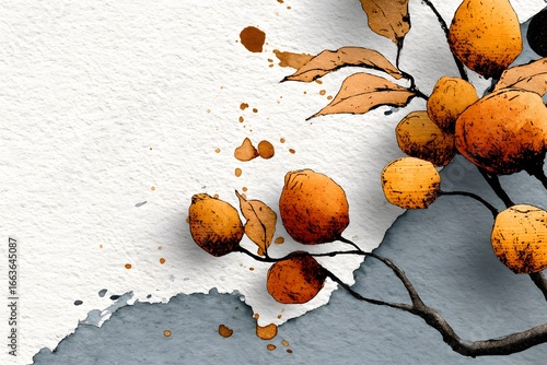 Autumn's artistic expression: Branch of vibrant orange fruits in watercolor style