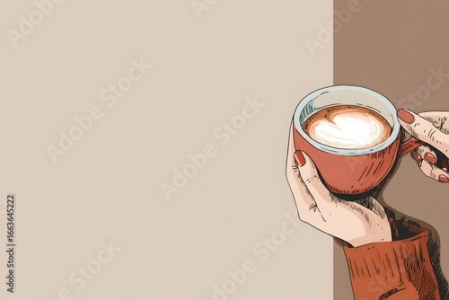 Elegant Illustration: Hand Holding a Cup of Coffee with Heart-Shaped Foam