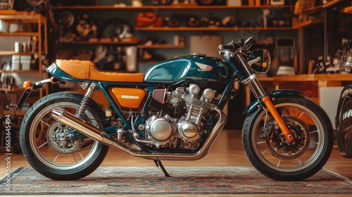Custom-styled motorcycle in a workshop setting