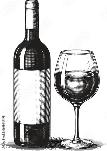 Stylish vector engraving of a wine bottle and glass showcasing elegance in product design 
