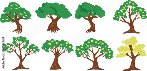 Collection of eight diverse cartoon style trees with green foliage and brown trunks