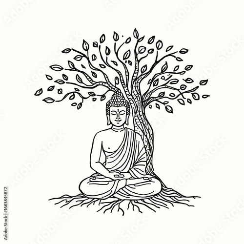 Buddha meditation illustration with hand drawn outline doodle style