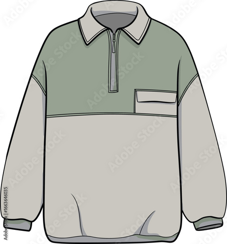 CAD drawing flat vector illustration of two-tone pullover jacket, front pocket, high collar, casual comfy garment design, streetwear layout
