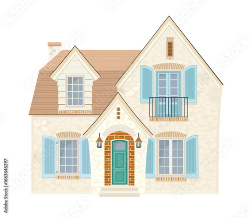 cute stone house with blue shutters windows.  pretty cozy two story building with lanterns and chimney