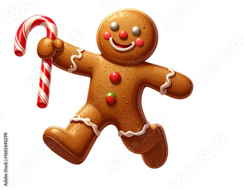  Cartoon Gingerbread Man Running with Candy Cane, Fun Holiday Style PNG