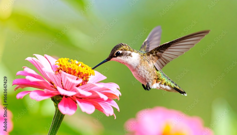 Naklejka premium A hummingbird in flight, delicately feeding from a vibrant pink zinnia flower, showcasing a beautiful display of nature's artistry.