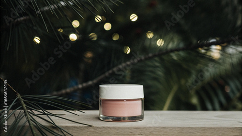 pink cosmetic cream jar with a white lid, on a wooden surface with a christmas tree and festive lights in the background