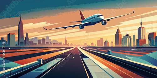 Speeding cars on a winding highway at night, their red taillights blazing against the dark asphalt as a plane ascends into the sky above a distant city