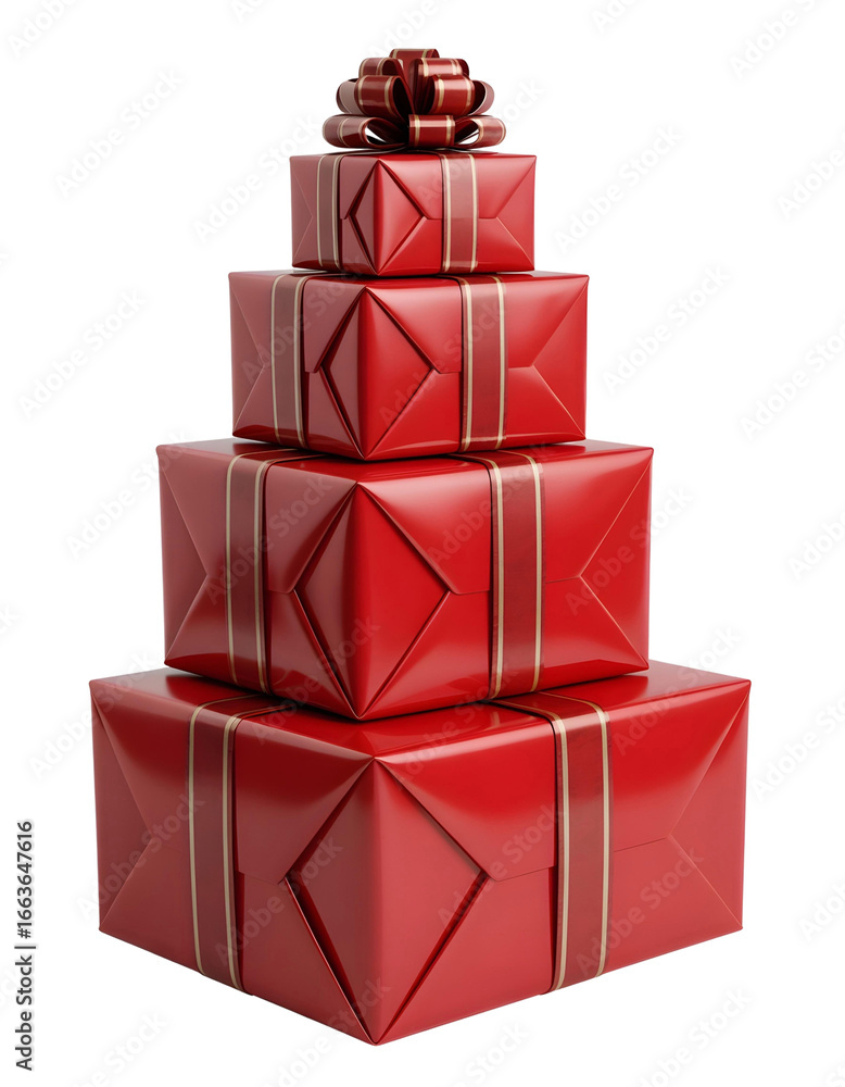 Obraz premium Stacked red gift boxes with decorative ribbons and bow on transparent background, png