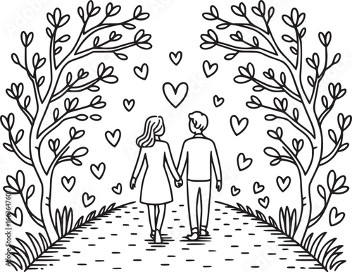 A Walk Through Love: A sketch captures two figures, hand in hand, strolling along a path under a canopy of trees, surrounded by floating hearts.
