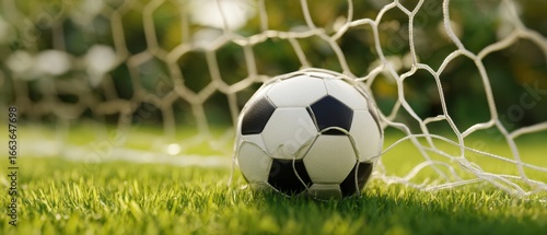 The soccer ball resting near the goal net on a sunny grass field.