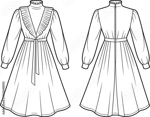 CAD drawing flat vector illustration of vintage long sleeve dress, ruffle collar detail, waist tie closure, front and back views, garment sketch layout, fashion design template