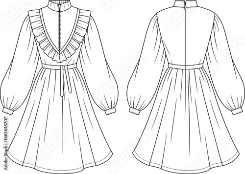CAD drawing flat vector illustration of vintage-inspired dress, long puff sleeves, ruffled neckline, belted waist, garment sketch, fashion design layout, sewing pattern concept