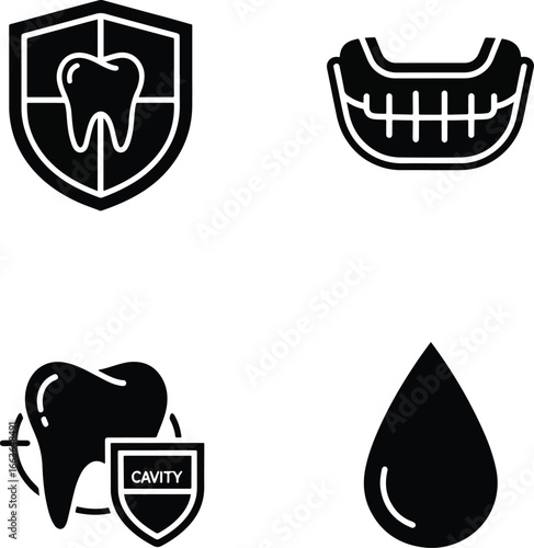 Dental symbols representing oral hygiene and care displayed against a white backdrop, emphasizing health and cleanliness in a minimalist style.