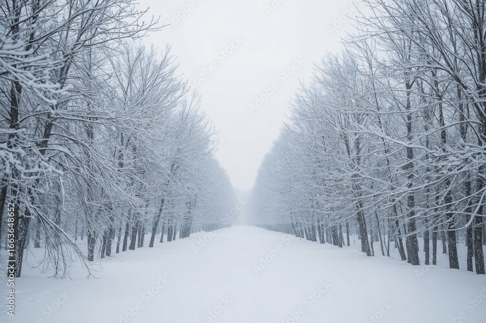 Fototapeta premium Snowy path, winter trees, foggy landscape, serene scene