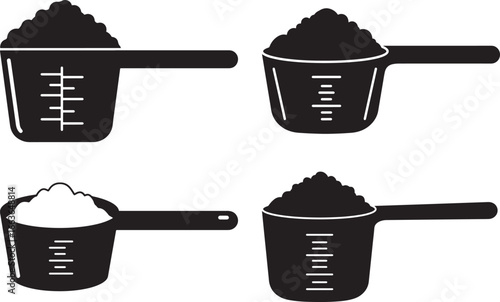 Four measuring scoops filled with powdered supplements or protein powder silhouette