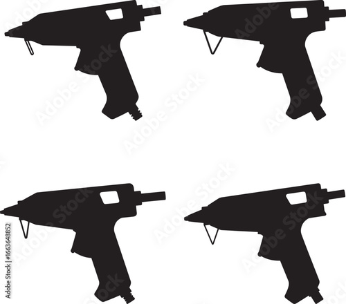Four black silhouettes of hot glue guns against a white background