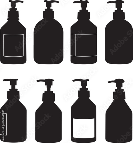 Collection of eight black pump dispenser bottles in silhouette style