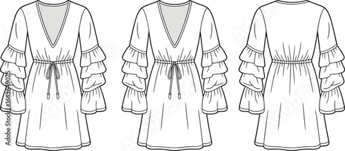 CAD drawing flat vector illustration of V-neck dress, tiered sleeves, drawstring waist, front back views, fashion sketch, garment template