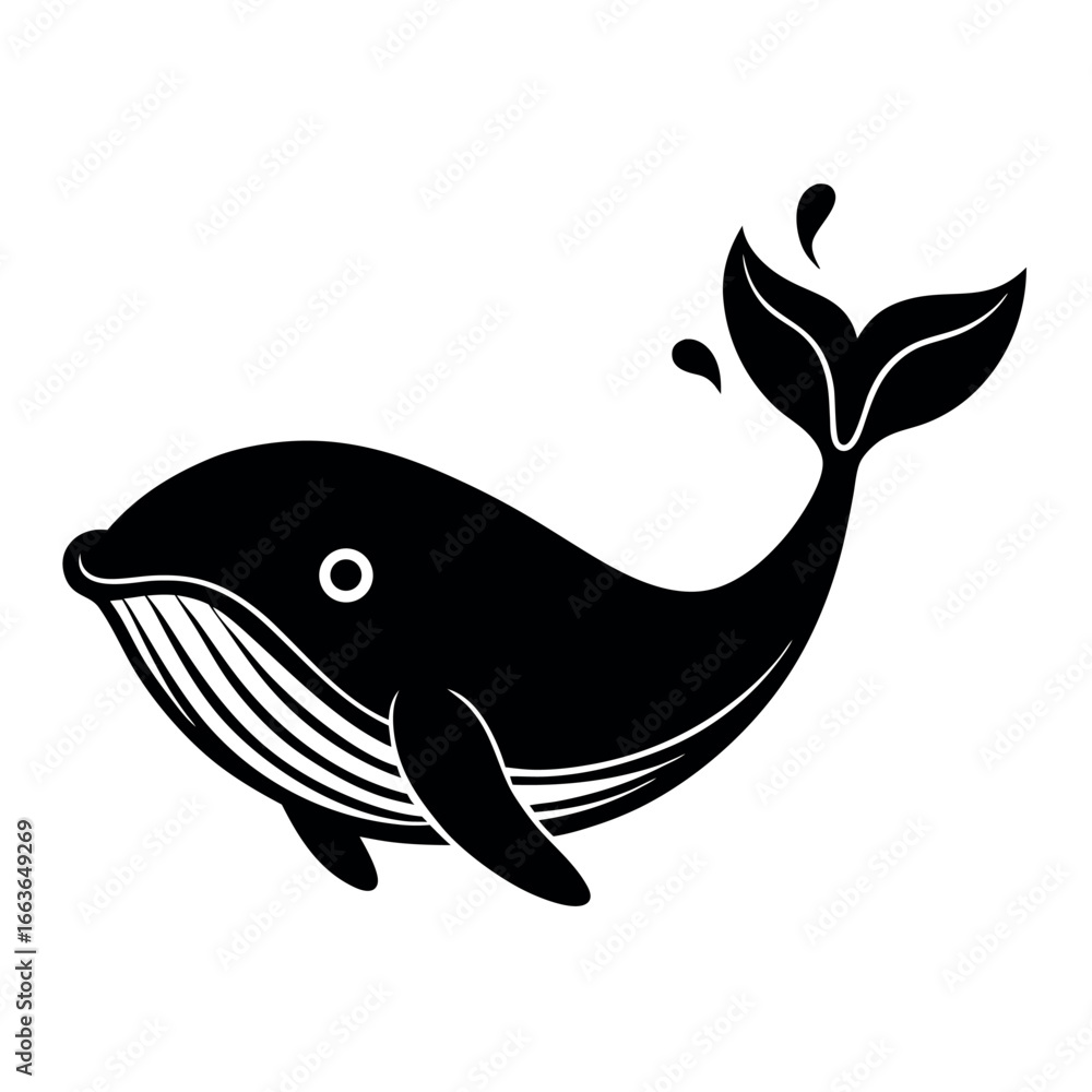 Fototapeta premium Black and White Whale Silhouette Splashing its Tail Representing Marine Life and Ocean Conservation Efforts in a Clean Modern Style