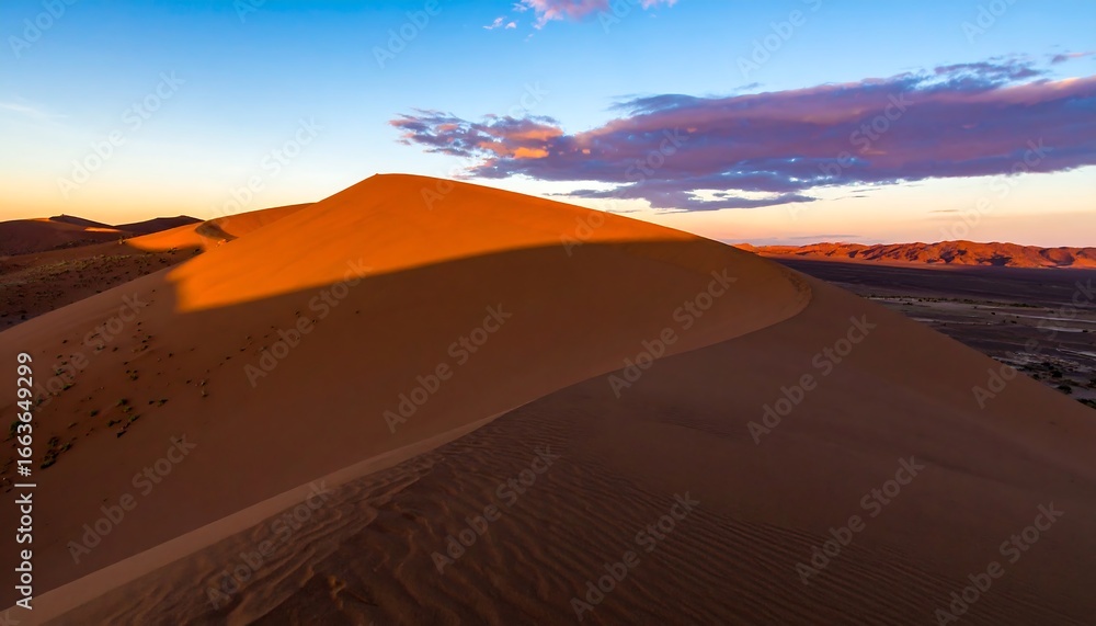 Fototapeta premium A stunning landscape of a vast, reddish-orange sand dune at sunrise, showcasing dramatic shadows and a vibrant sky.