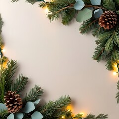 Natural Christmas border with cedar branches, pinecones, and eucalyptus sprigs with tiny glowing lights on soft neutral background, in crisp 4K with heavy finishing.