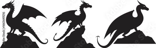 Three majestic dragon silhouettes standing proudly on rocky outcrops