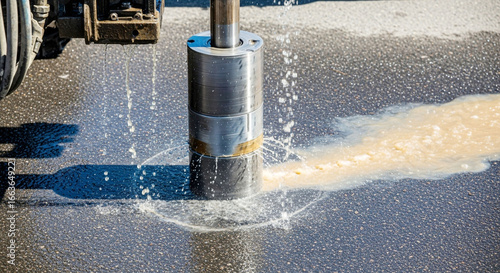 Precision core drilling on asphalt road with water coolant for construction material analysis