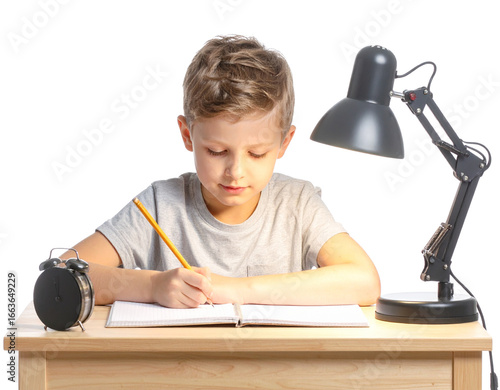  Children Writing in Notebook Under Warm Desk Lamp, Isolated on Transparent Background
