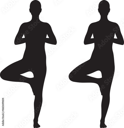 Two figures in a yoga tree pose a silhouette against a white background
