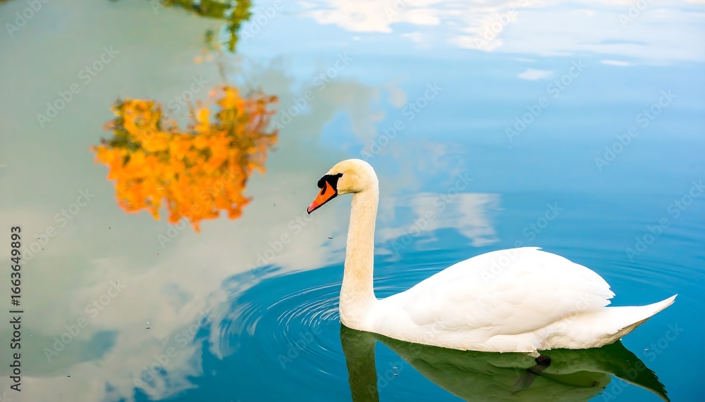 Obraz premium A serene swan glides across a placid lake, its reflection mirroring autumnal foliage and a vibrant sky.