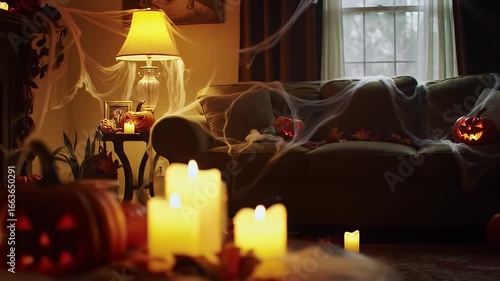 Cozy footage autumn Halloween scene in a decorated living room with glowing jack-o'-lanterns and flickering candles, creating a warm, spooky ambiance for seasonal festivities