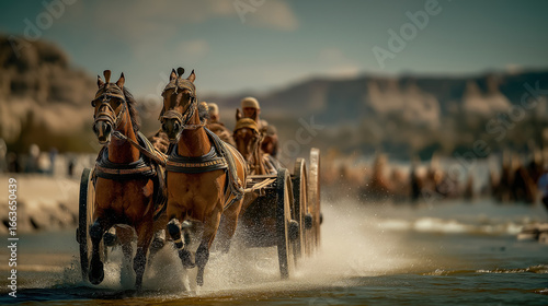 Pharaoh’s army charges into the parted Red Sea, horses and chariots racing fiercely between towering walls of water, unaware of the divine power about to close the path and deliver Israel..