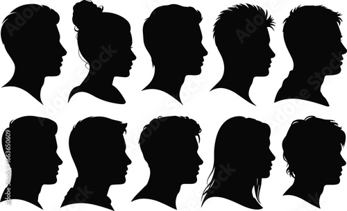 Black silhouette profiles of diverse human heads with various hairstyles, male and female vector icons for identity, design, and diversity themes