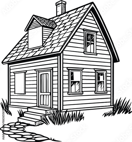  cute small house in black and white cartoon artwork