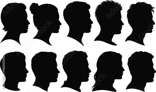 Black silhouette profiles of diverse human heads with various hairstyles, male and female vector icons for identity, design, and diversity themes