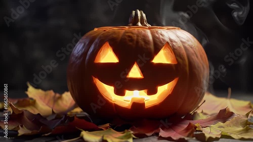 A spooky footage Jack-o'-lantern with a sinister grin glowing warmly on a bed of colorful autumn leaves for a festive halloween night