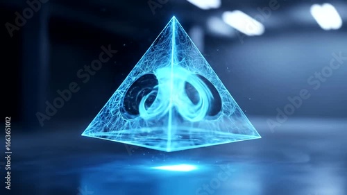 A vibrant, glowing blue pyramid, seemingly holographic, rests on a reflective surface.