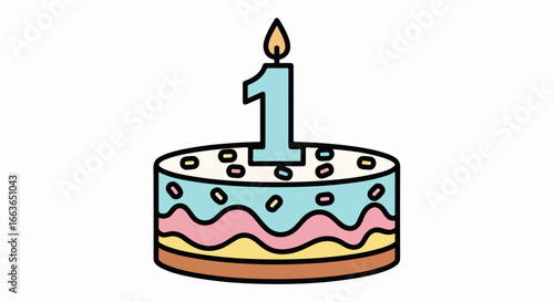 Birthday cake with a single candle for a first birthday celebration.
