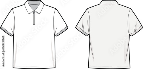 Cad drawing flat vector illustration of white polo shirt with collar and zipper front, front and back views, minimal design for fashion and apparel branding