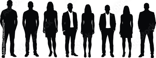 Business team silhouettes in formal attire, diverse professionals standing together, black vector icons for corporate presentation and teamwork concept
