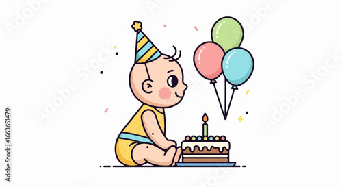 Happy baby celebrating first birthday with cake and balloons.